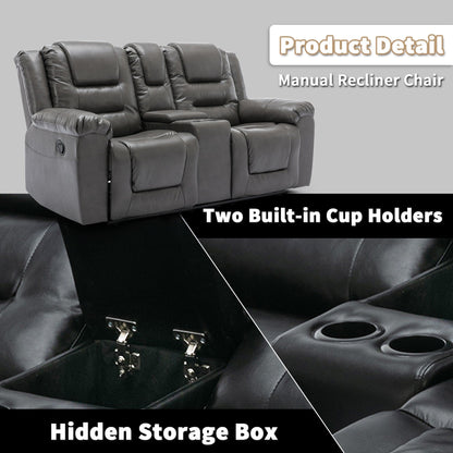 Roomfitters 2-Seater Manual Home Theater Recliner Chair with Storage Box and Cup Holders, Grey