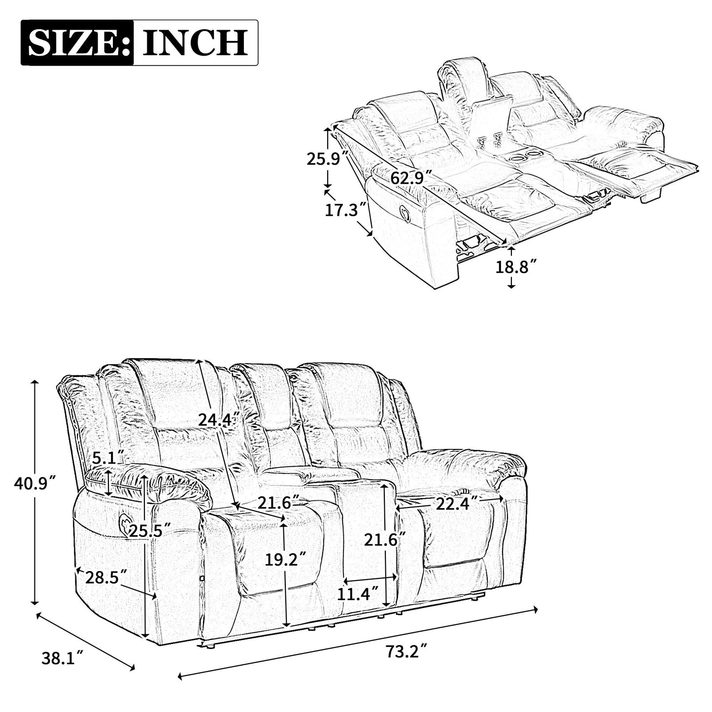 Roomfitters 2-Seater Manual Home Theater Recliner Chair with Storage Box and Cup Holders, Grey