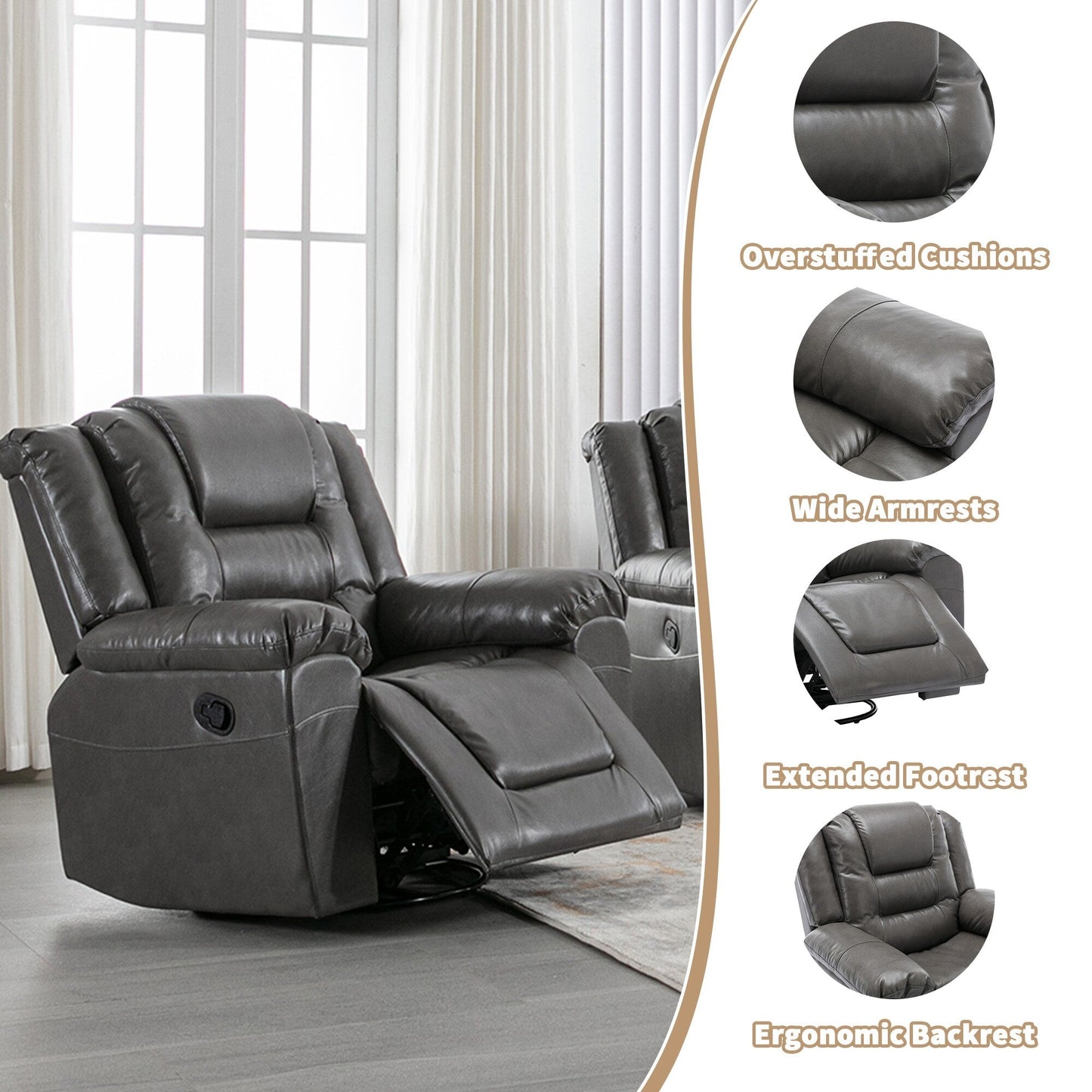Roomfitters 2-Seater Manual Home Theater Recliner Chair with Storage Box and Cup Holders, Grey