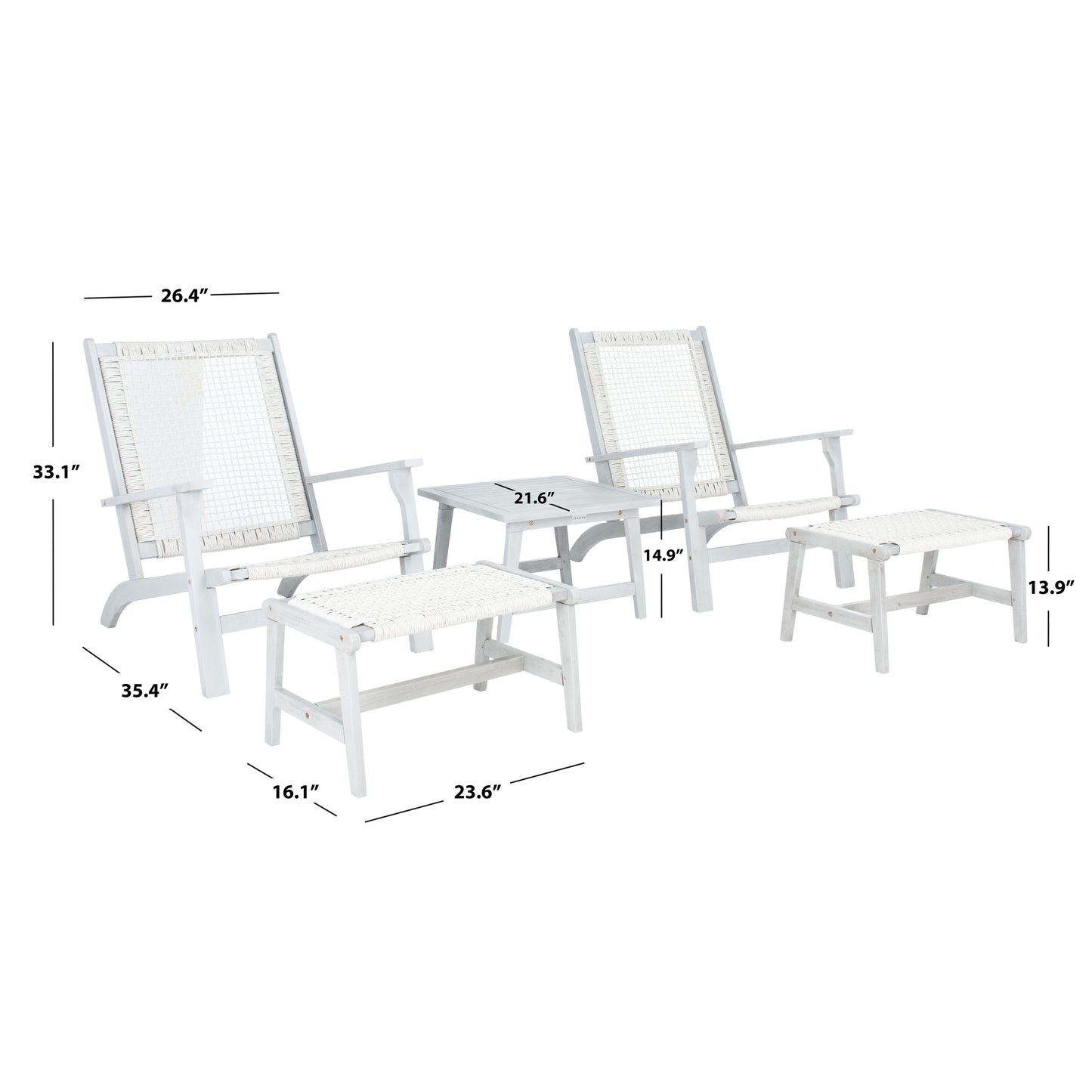SAFAVIEH Chantelle Outdoor Living Solid Wood Chaise Lounge Chair and Stool Set of 2 (Includes End Table) - 26W x 35D x 33H