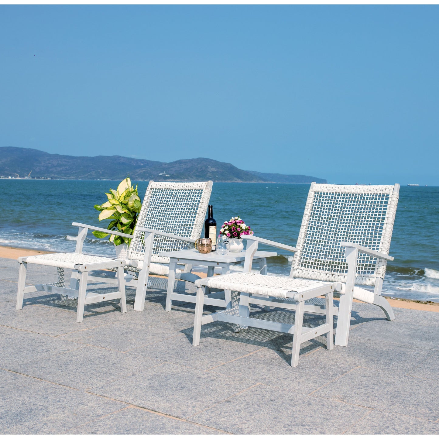 SAFAVIEH Chantelle Outdoor Living Solid Wood Chaise Lounge Chair and Stool Set of 2 (Includes End Table) - 26W x 35D x 33H