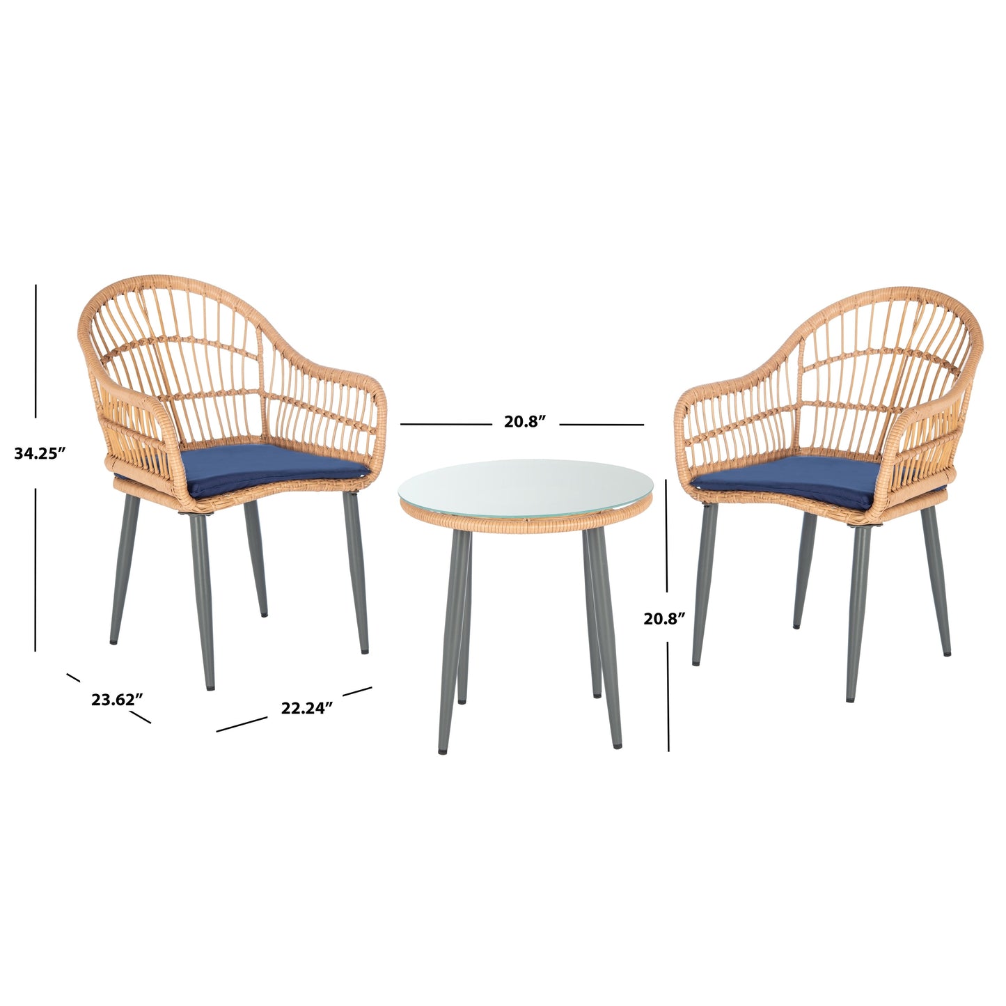 SAFAVIEH Outdoor Living Berlen 3-Piece Lounger Set - Natural/Navy - 22W x 24D x 34H