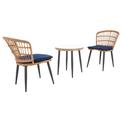 SAFAVIEH Outdoor Living Prenza Rattan 3-Piece Patio Lounger Set - Natural/Navy - 21W x 24D x 32H