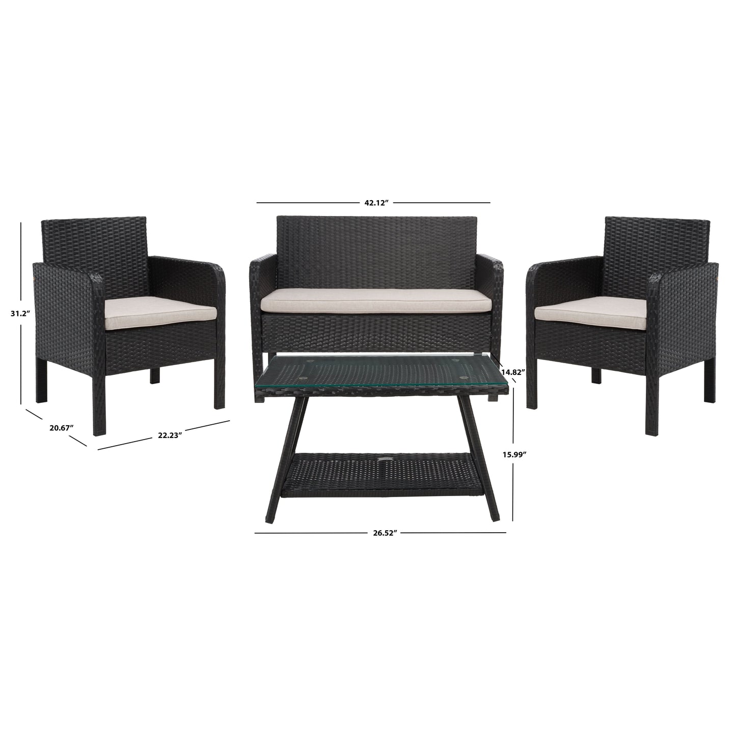 SAFAVIEH Outdoor Zsolt Wicker/ Steel 4-Piece Patio Conversation Set - 42W x 31D x 21H