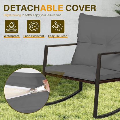 SUNCROWN 3-piece Outdoor Patio Brown/Black Wicker Rocking Chairs Conversation Bistro Set
