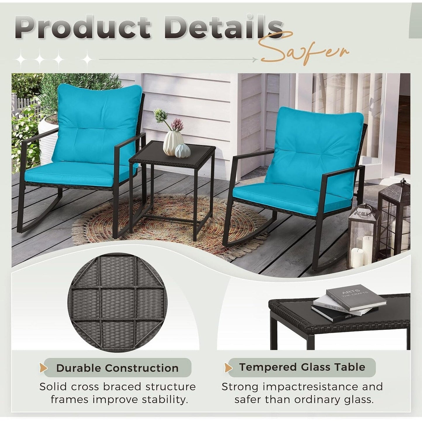 SUNCROWN 3-piece Outdoor Patio Brown/Black Wicker Rocking Chairs Conversation Bistro Set