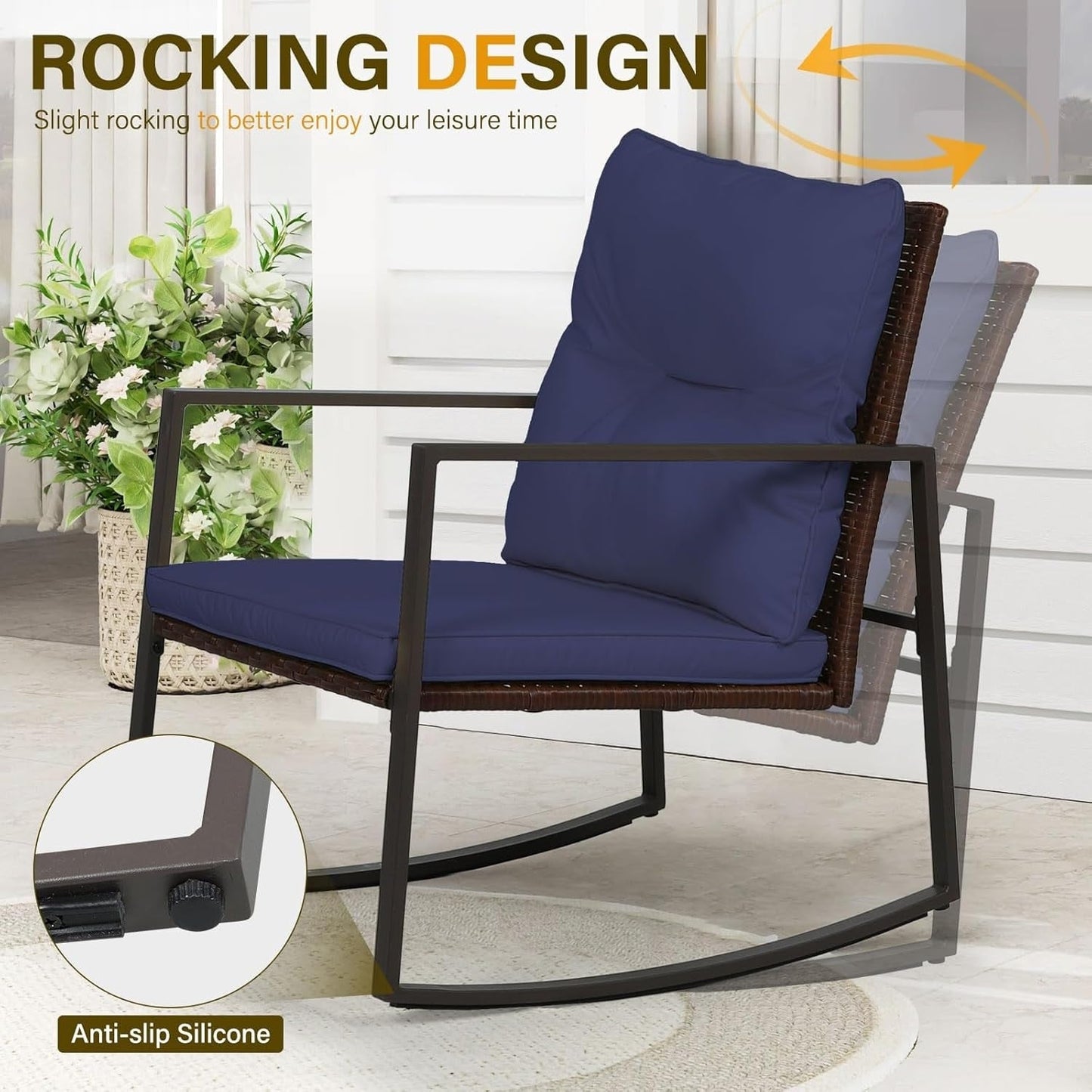 SUNCROWN 3-piece Outdoor Patio Brown/Black Wicker Rocking Chairs Conversation Bistro Set