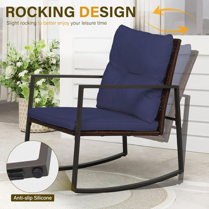 SUNCROWN 3-piece Outdoor Patio Brown/Black Wicker Rocking Chairs Conversation Bistro Set