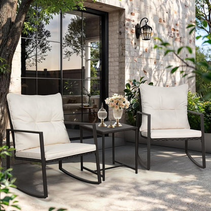 SUNCROWN 3-piece Outdoor Patio Brown/Black Wicker Rocking Chairs Conversation Bistro Set