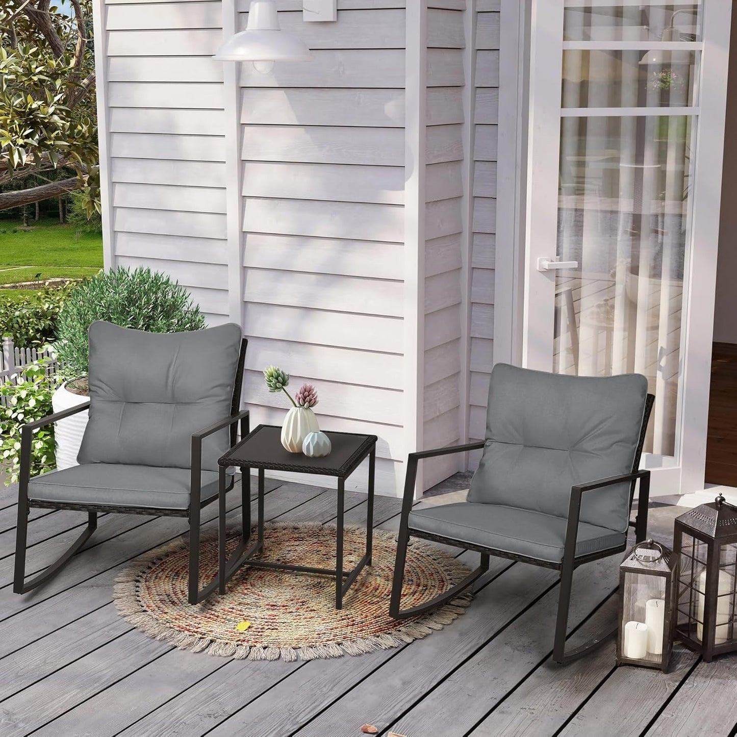 SUNCROWN 3-piece Outdoor Patio Brown/Black Wicker Rocking Chairs Conversation Bistro Set