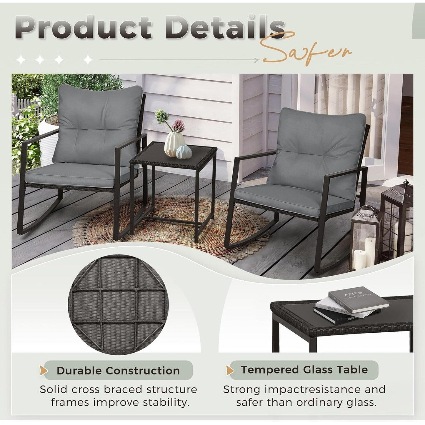 SUNCROWN 3-piece Outdoor Patio Brown/Black Wicker Rocking Chairs Conversation Bistro Set