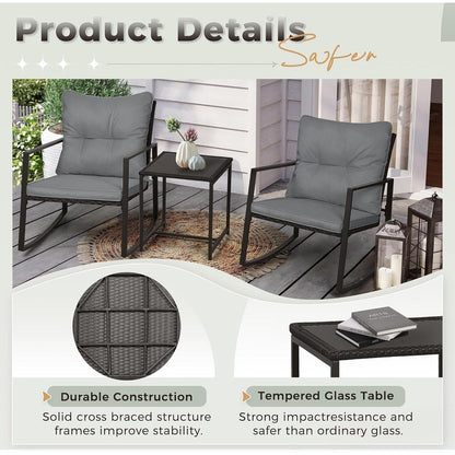 SUNCROWN 3-piece Outdoor Patio Brown/Black Wicker Rocking Chairs Conversation Bistro Set