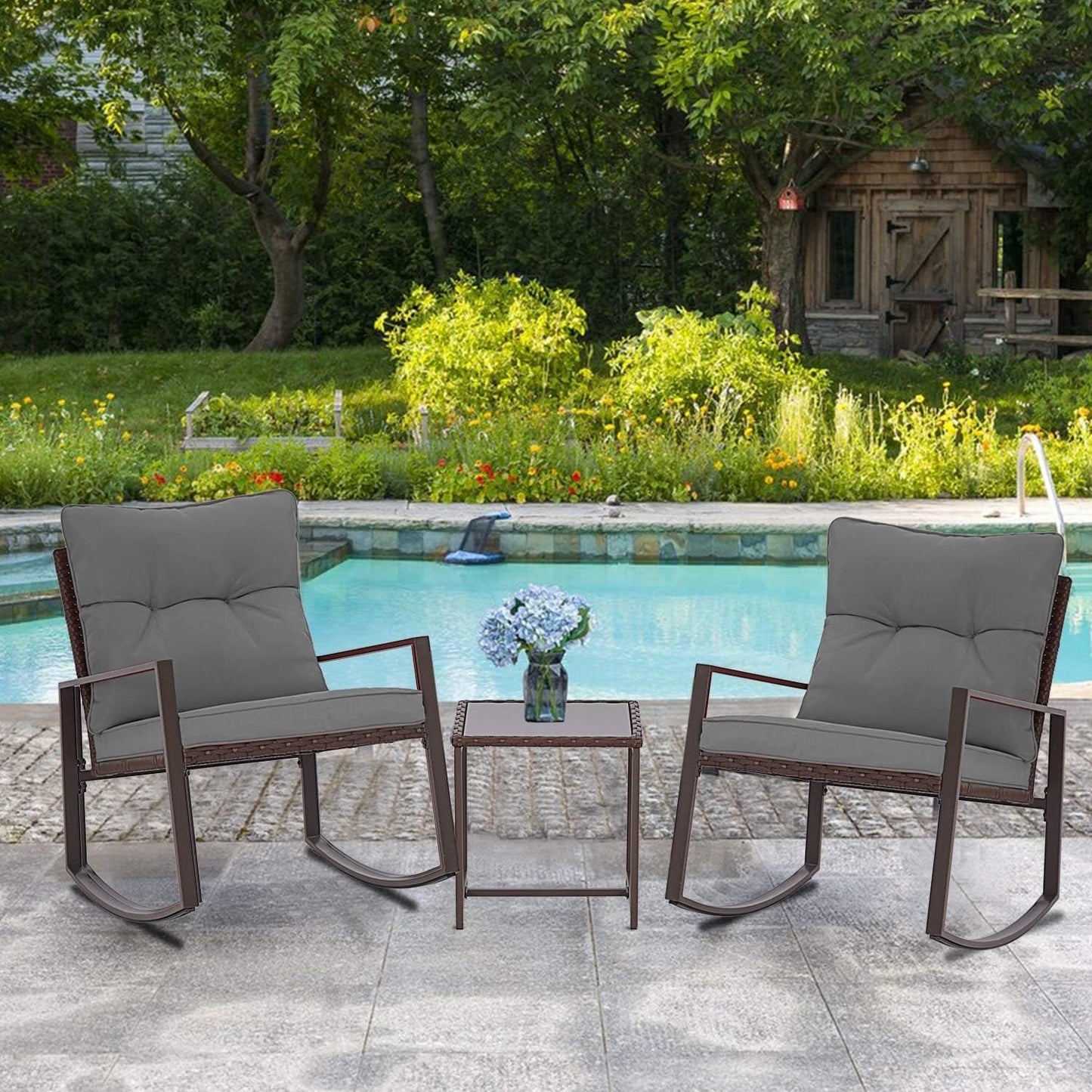 SUNCROWN 3-piece Outdoor Patio Brown/Black Wicker Rocking Chairs Conversation Bistro Set