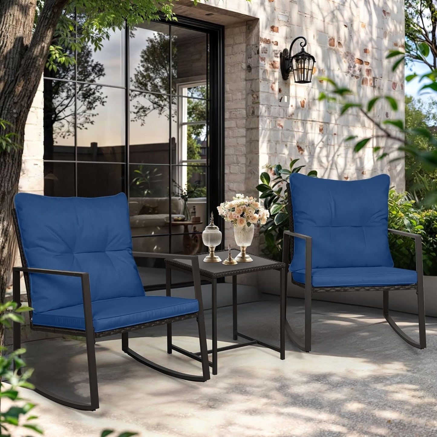 SUNCROWN 3-piece Outdoor Patio Brown/Black Wicker Rocking Chairs Conversation Bistro Set