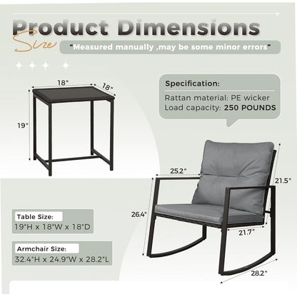 SUNCROWN 3-piece Outdoor Patio Brown/Black Wicker Rocking Chairs Conversation Bistro Set