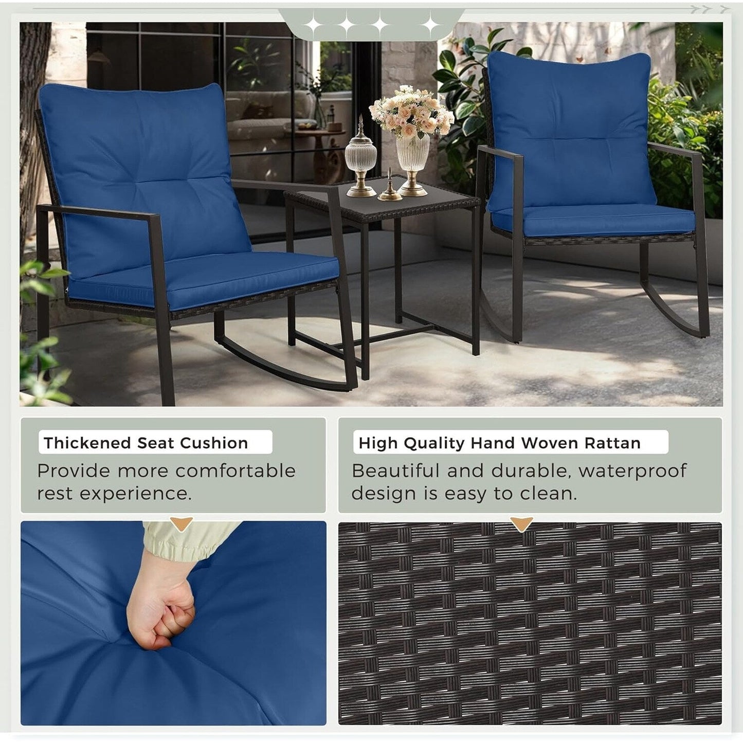 SUNCROWN 3-piece Outdoor Patio Brown/Black Wicker Rocking Chairs Conversation Bistro Set