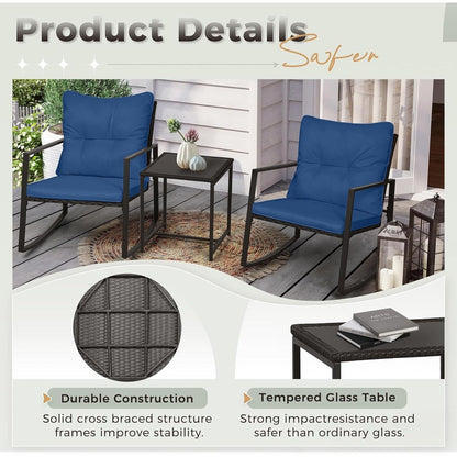 SUNCROWN 3-piece Outdoor Patio Brown/Black Wicker Rocking Chairs Conversation Bistro Set
