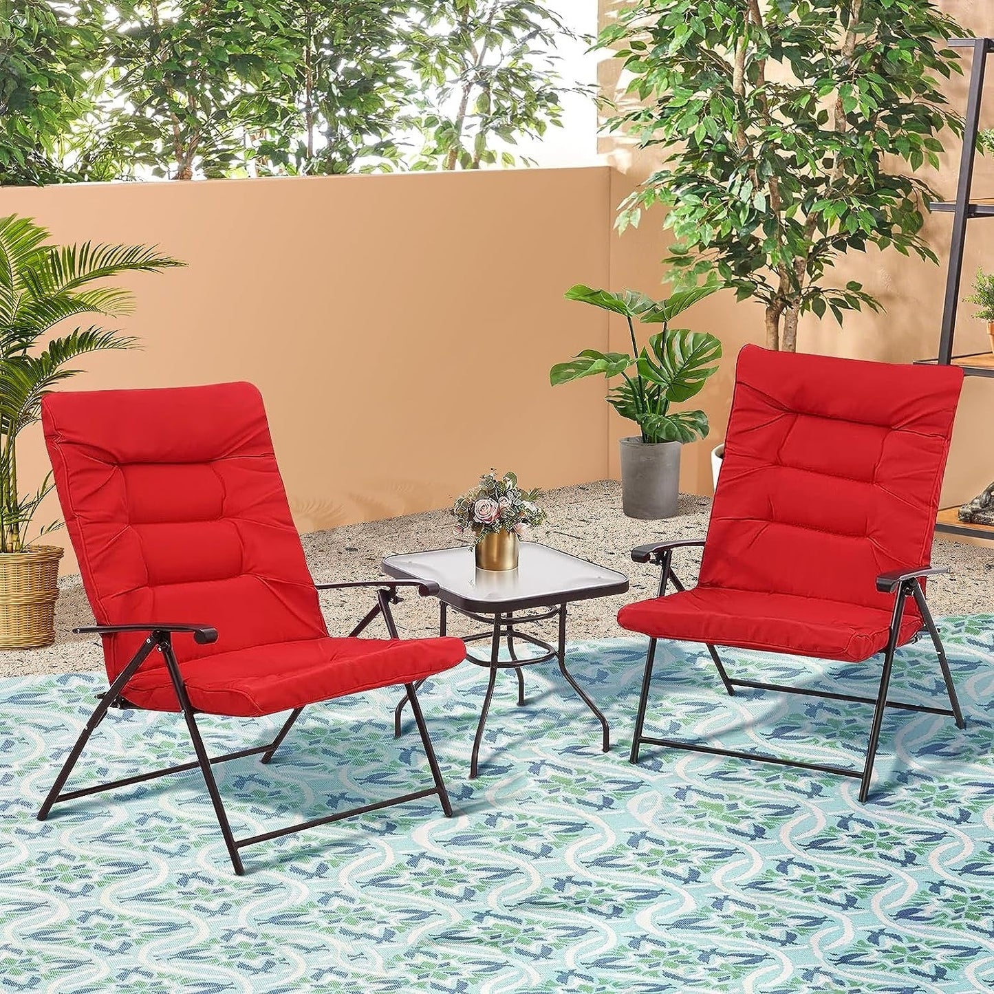 SUNCROWN 3 Piece Outdoor Patio Padded Folding Chairs Bistro Set