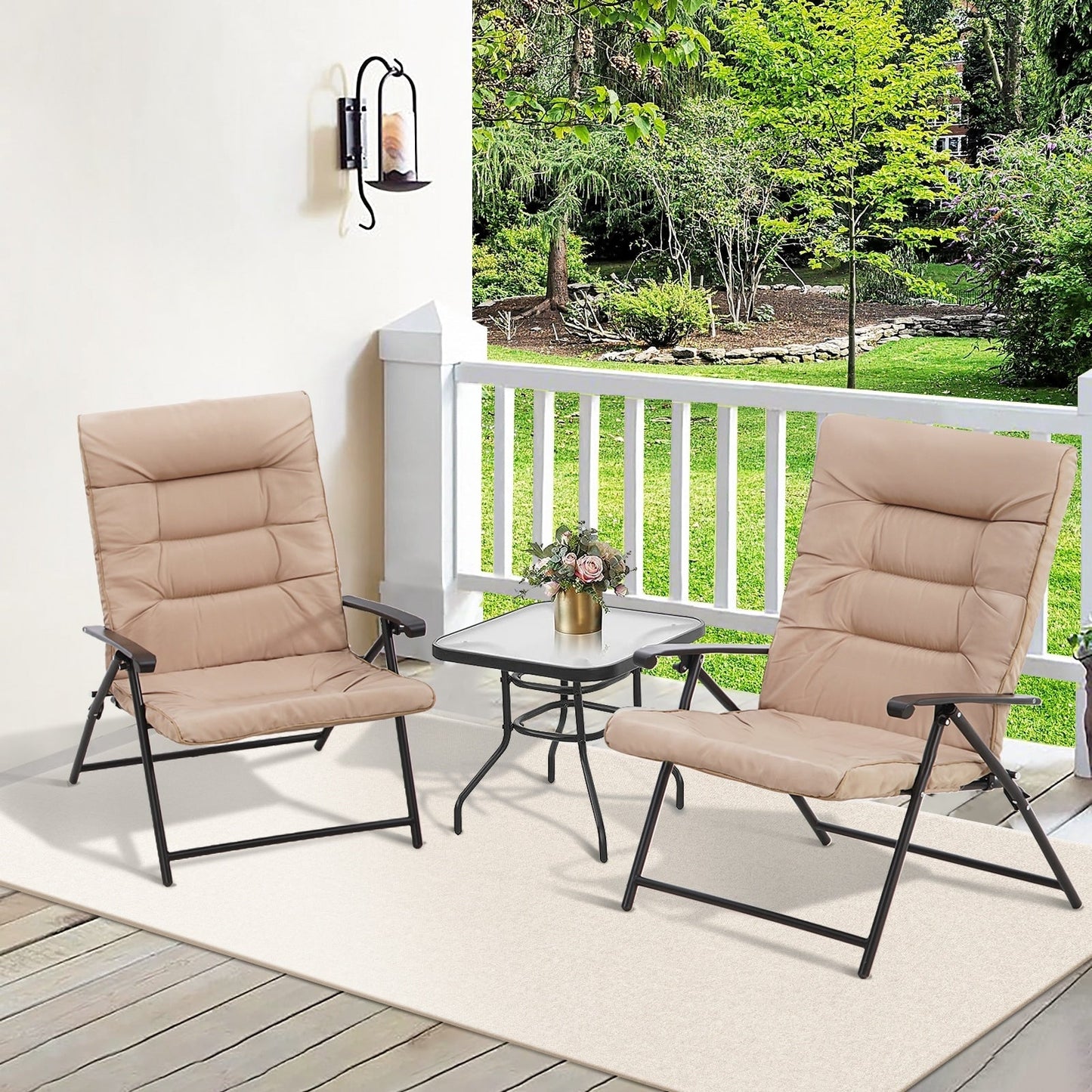 SUNCROWN 3 Piece Outdoor Patio Padded Folding Chairs Bistro Set