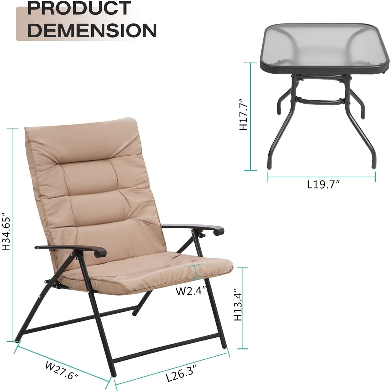 SUNCROWN 3 Piece Outdoor Patio Padded Folding Chairs Bistro Set