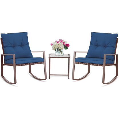 SUNCROWN 3-piece Outdoor Patio Brown/Black Wicker Rocking Chairs Conversation Bistro Set