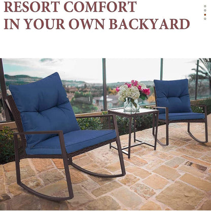 SUNCROWN 3-piece Outdoor Patio Brown/Black Wicker Rocking Chairs Conversation Bistro Set