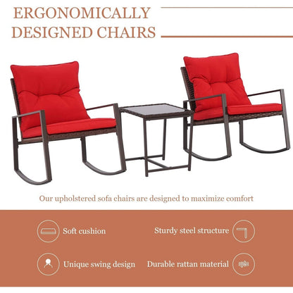 SUNCROWN 3-piece Outdoor Patio Brown/Black Wicker Rocking Chairs Conversation Bistro Set