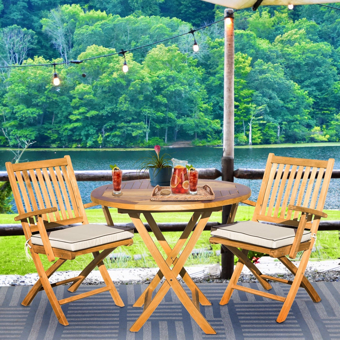 Seven Seas Teak 3 Piece Teak Wood Long Beach Patio Bistro Dining Set, 36 Round Folding Table with 2 Folding Arm Chairs
