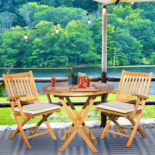Seven Seas Teak 3 Piece Teak Wood Long Beach Patio Bistro Dining Set, 36 Round Folding Table with 2 Folding Arm Chairs