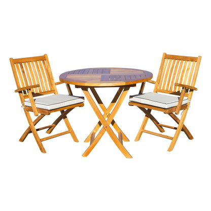 Seven Seas Teak 3 Piece Teak Wood Long Beach Patio Bistro Dining Set, 36 Round Folding Table with 2 Folding Arm Chairs