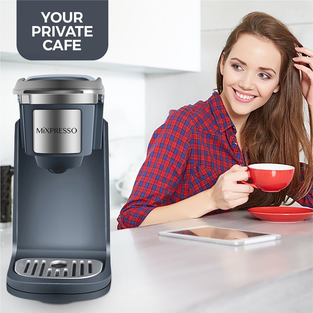 Single Cup Coffee Maker, Personal Single Serve Coffee Machine, Compatible with KCup,One Touch Function Grey Coffee Maker