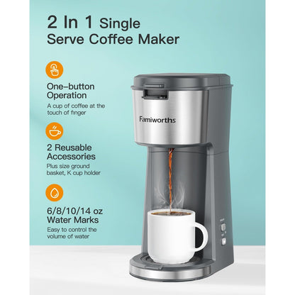 Single Serve Coffee Maker for K Cup & Ground Coffee, with Bold Brew, One Cup Coffee Maker, 6 to 14 oz. Brew Sizes