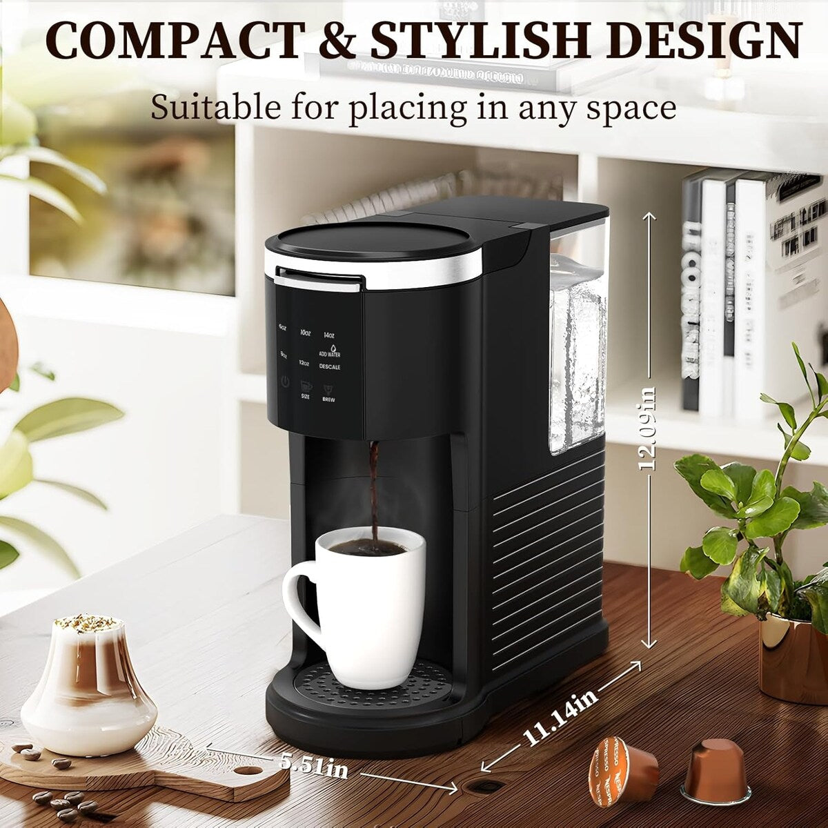 Single Serve Coffee Maker for K-Cups Pods & Ground Coffee, with 40 oz Water Tank, 5 Brew Sizes Up To 14 Oz, Self-cleaning