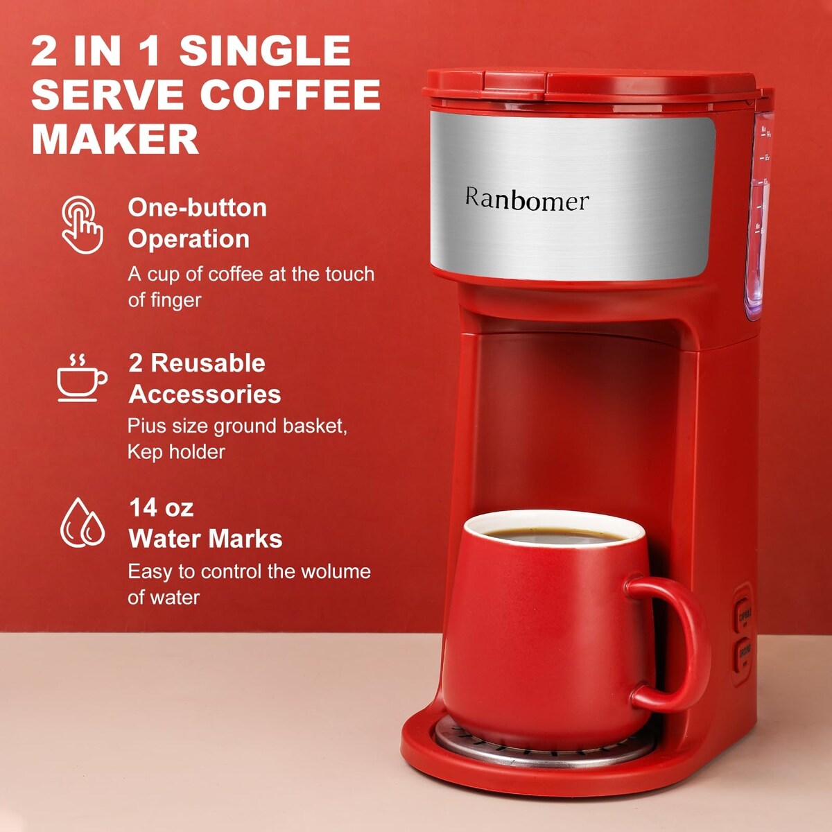 Single Serve Coffee Maker, K Cup and Ground Coffee Machine 2 in 1, 6 to 14 Oz Brew Sizes, Mini One Cup Coffee Maker