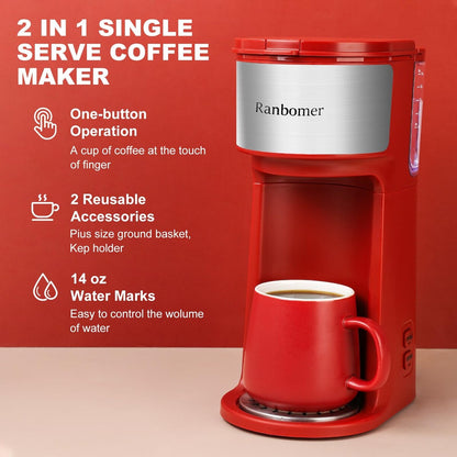 Single Serve Coffee Maker, K Cup and Ground Coffee Machine 2 in 1, 6 to 14 Oz Brew Sizes, Mini One Cup Coffee Maker