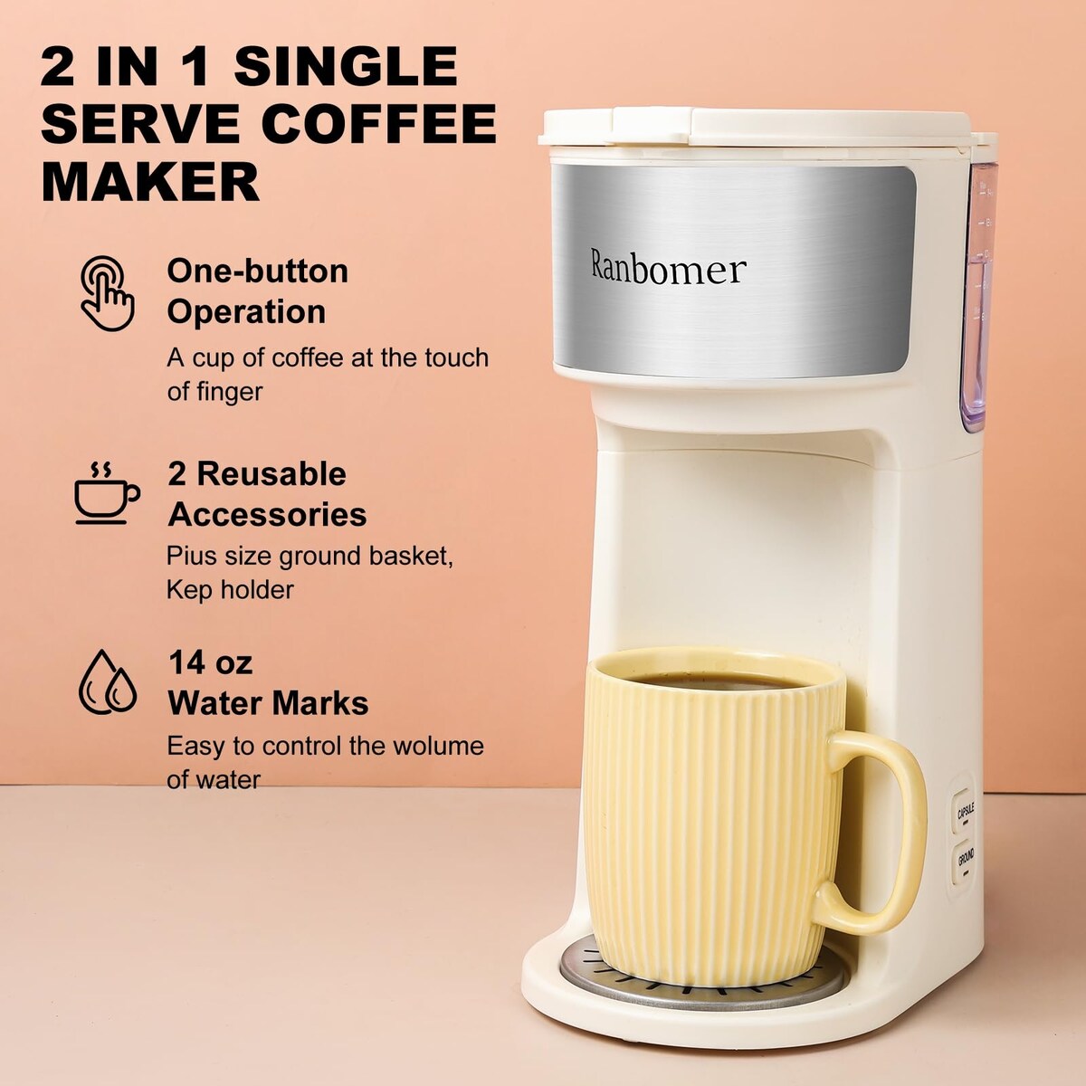 Single Serve Coffee Maker, K Cup and Ground Coffee Machine 2 in 1, 6 to 14 Oz Brew Sizes, Mini One Cup Coffee Maker