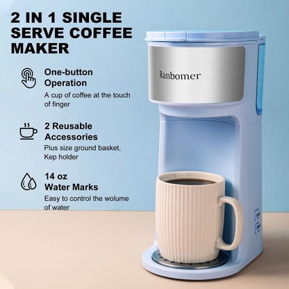 Single Serve Coffee Maker, K Cup and Ground Coffee Machine 2 in 1, 6 to 14 Oz Brew Sizes, Mini One Cup Coffee Maker