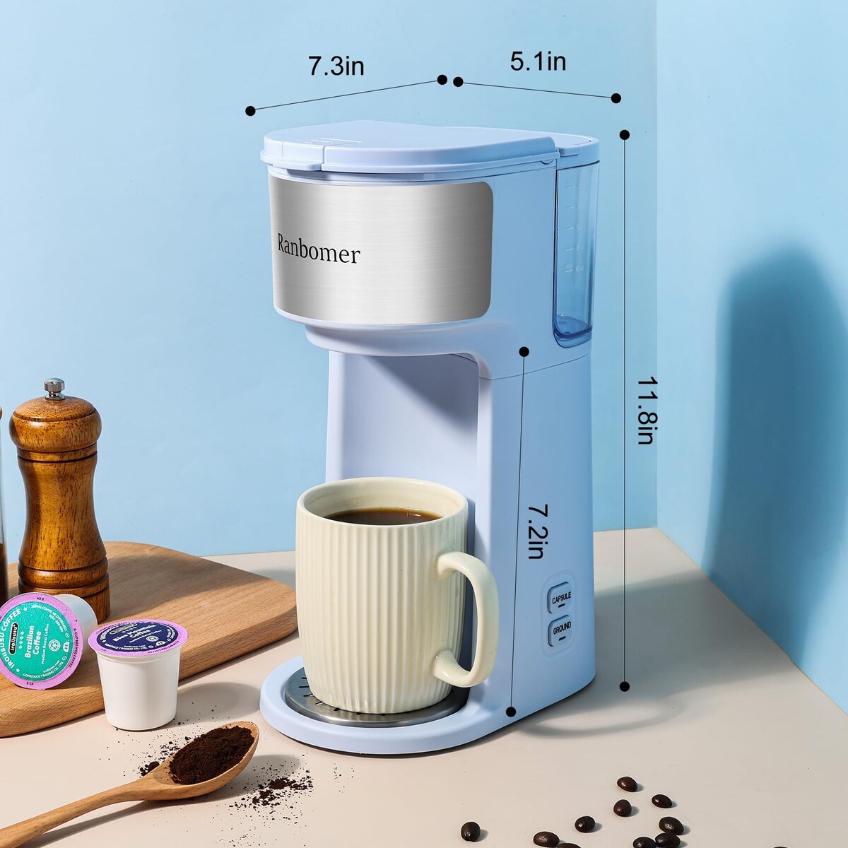 Single Serve Coffee Maker, K Cup and Ground Coffee Machine 2 in 1, 6 to 14 Oz Brew Sizes, Mini One Cup Coffee Maker