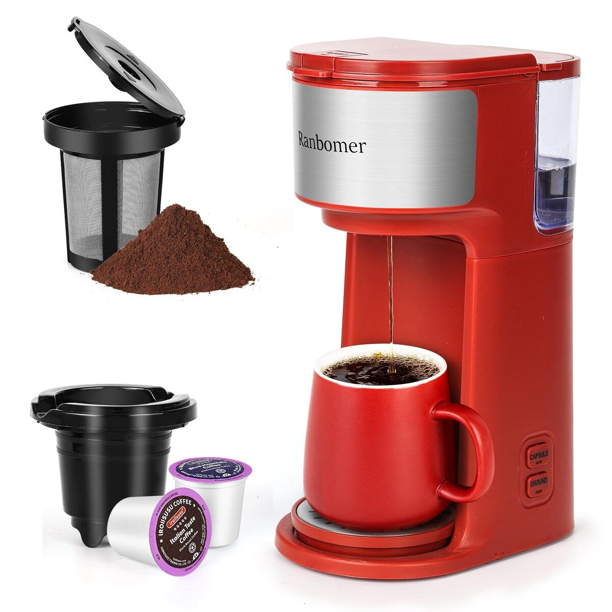 Single Serve Coffee Maker, K Cup and Ground Coffee Machine 2 in 1, 6 to 14 Oz Brew Sizes, Mini One Cup Coffee Maker