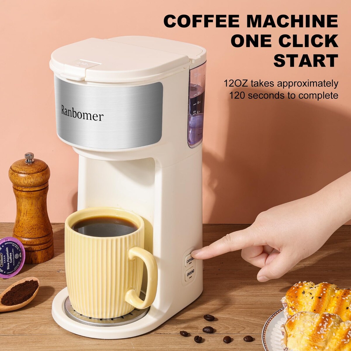Single Serve Coffee Maker, K Cup and Ground Coffee Machine 2 in 1, 6 to 14 Oz Brew Sizes, Mini One Cup Coffee Maker
