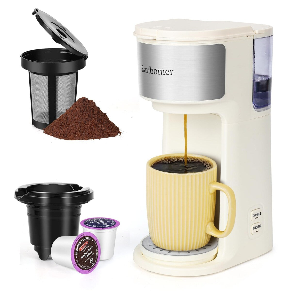 Single Serve Coffee Maker, K Cup and Ground Coffee Machine 2 in 1, 6 to 14 Oz Brew Sizes, Mini One Cup Coffee Maker