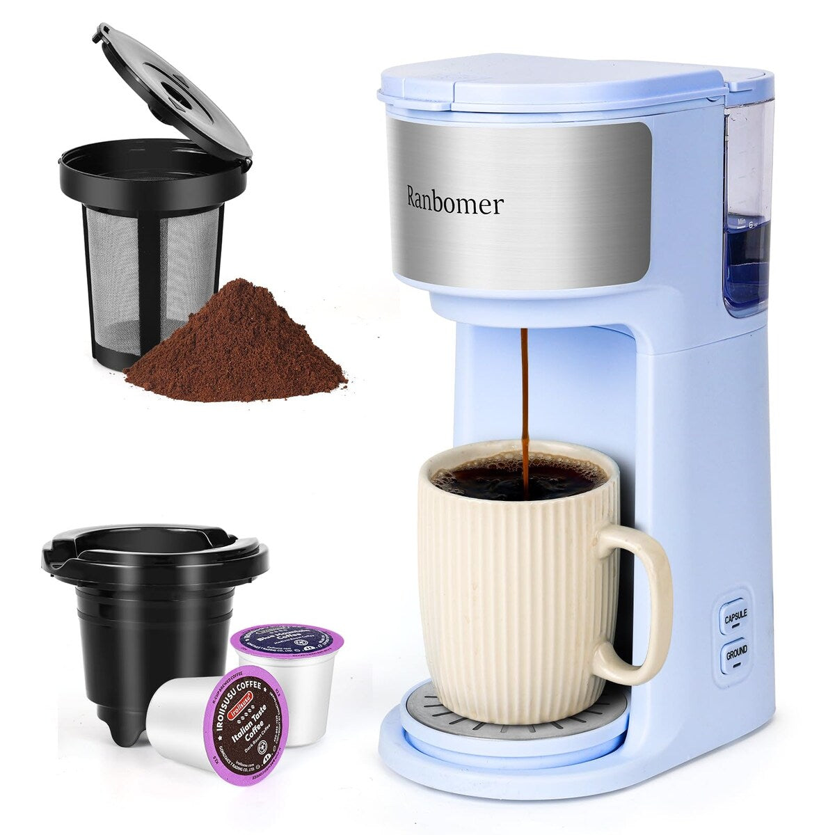 Single Serve Coffee Maker, K Cup and Ground Coffee Machine 2 in 1, 6 to 14 Oz Brew Sizes, Mini One Cup Coffee Maker