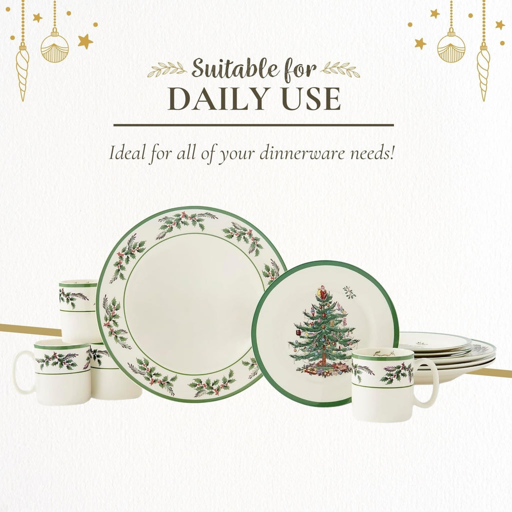 Spode Christmas Tree Holly Fine Earthenware 12-Piece Dinnerware Set