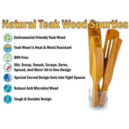 Spurtle Spoon Spatula Utensil - 5pc Set Teak Wood - Non Stick Wooden Cookware - Stir, Scrape, Flip, Drain, Fold & Smash. - Large
