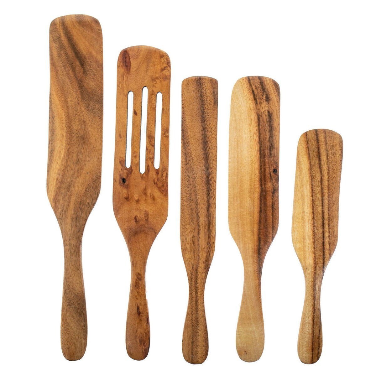 Spurtle Spoon Spatula Utensil - 5pc Set Teak Wood - Non Stick Wooden Cookware - Stir, Scrape, Flip, Drain, Fold & Smash. - Large