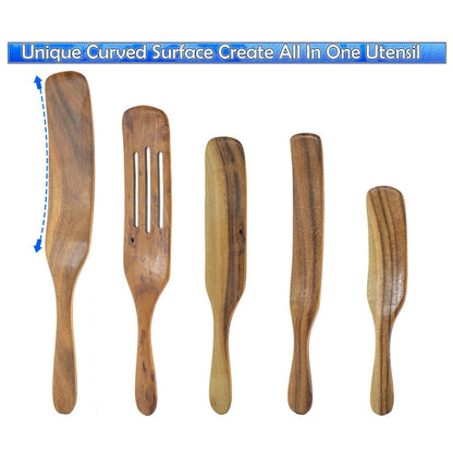 Spurtle Spoon Spatula Utensil - 5pc Set Teak Wood - Non Stick Wooden Cookware - Stir, Scrape, Flip, Drain, Fold & Smash. - Large
