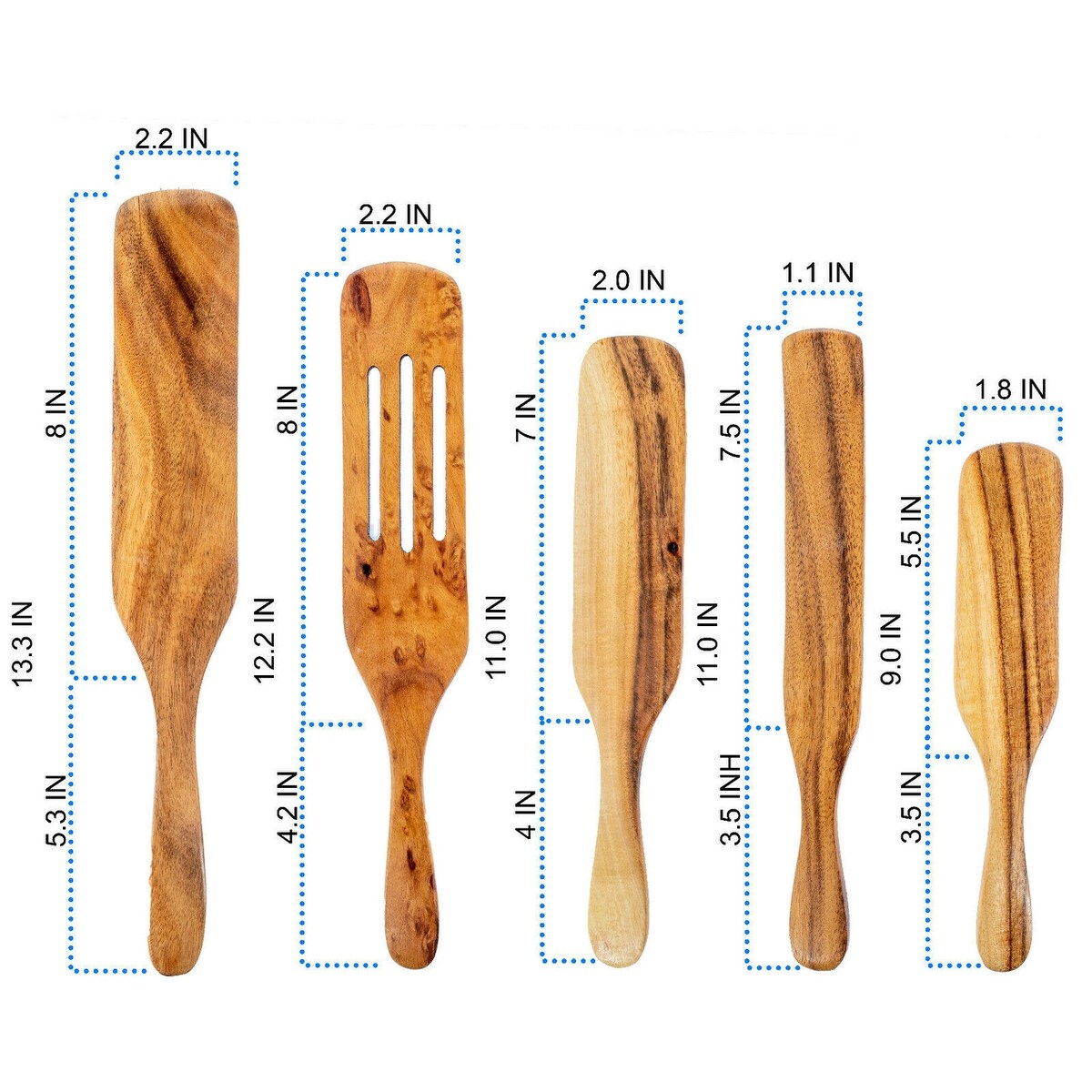 Spurtle Spoon Spatula Utensil - 5pc Set Teak Wood - Non Stick Wooden Cookware - Stir, Scrape, Flip, Drain, Fold & Smash. - Large