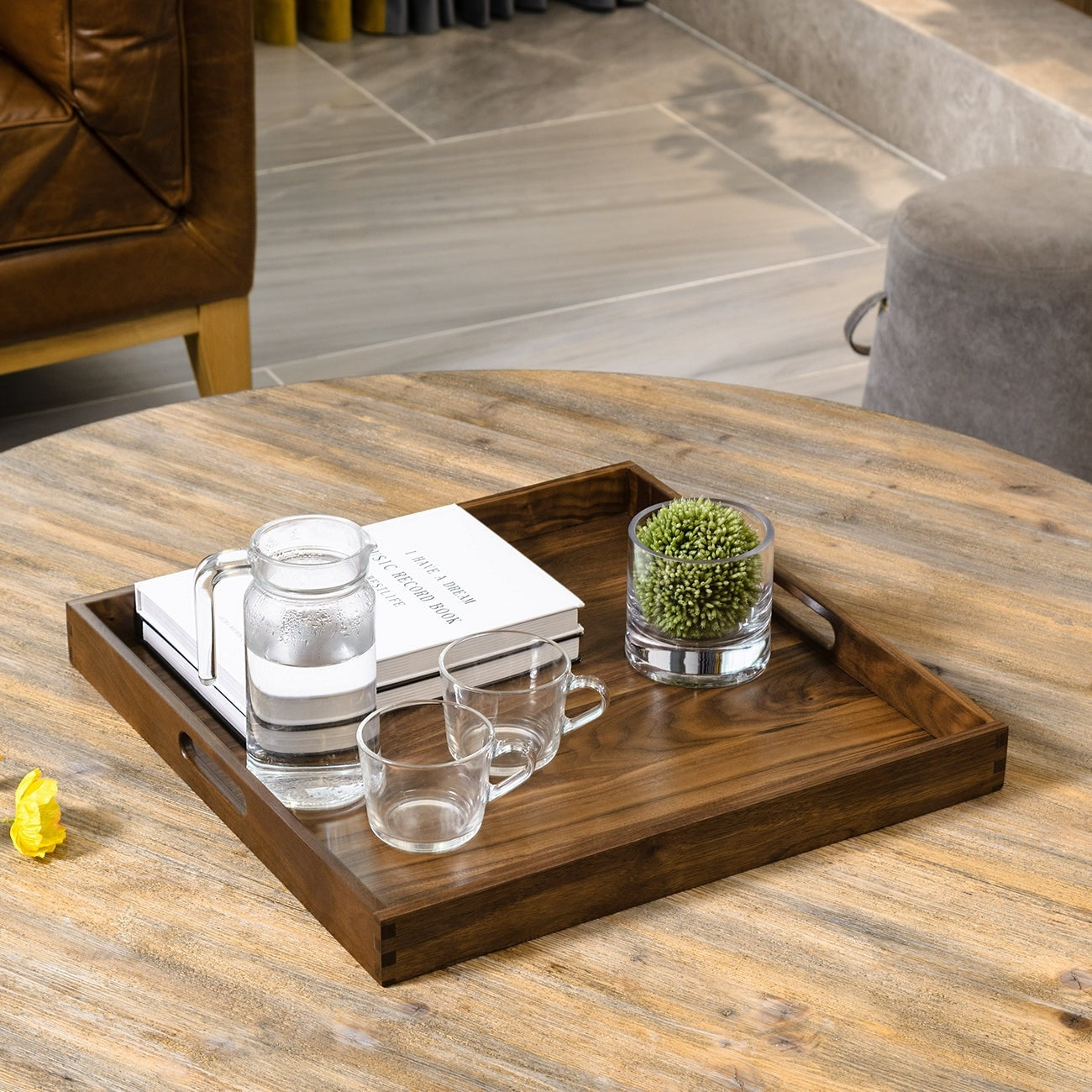 KINWELL Square Black Walnut Wood Serving Tray Ottoman Tray with Handles