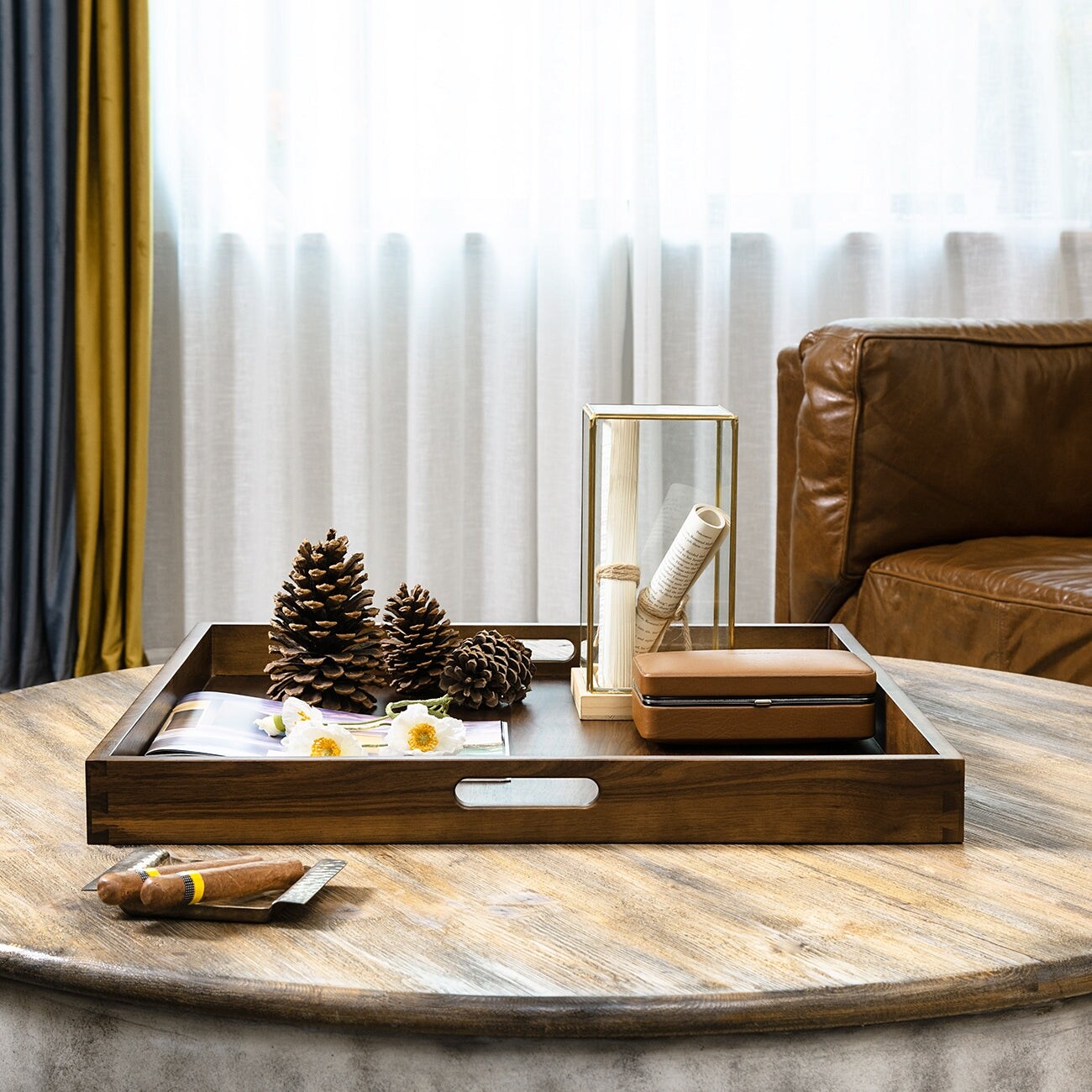 KINWELL Square Black Walnut Wood Serving Tray Ottoman Tray with Handles