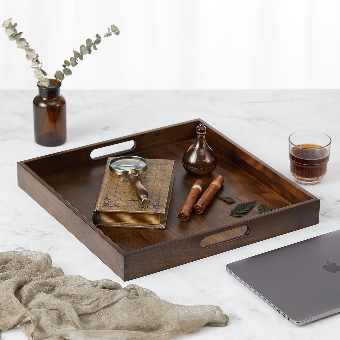 KINWELL Square Black Walnut Wood Serving Tray Ottoman Tray with Handles